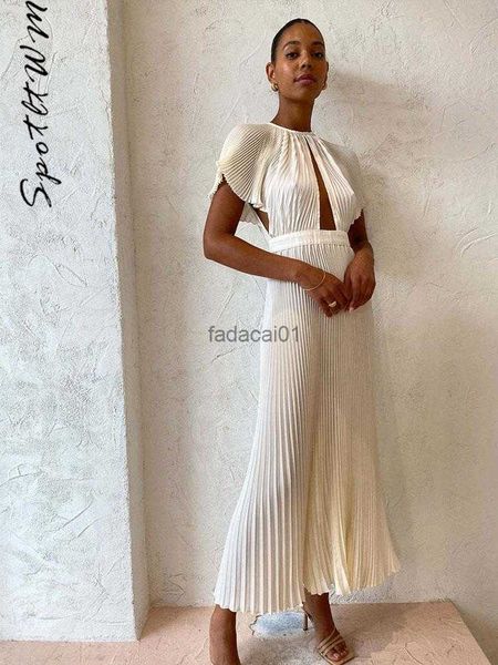 

hollow out white pleated midi dress women o neck short sleeve loose backless dresses 2023 ladies elegant streetwear a line robe l230621, Black;gray