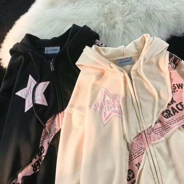 

women s hoodies sweatshirts fashion y2k vintage zip up women harajuku hip hop letter print gothic streetwear loose patchwork coats 230701, Black