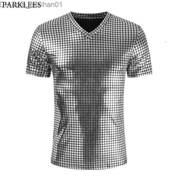 

men's tracksuits men s tracksuits silver plaid metallic nightclub wear tshirt 2023 stage prom tshirts slim fit v neck tee shirt homme z, Gray