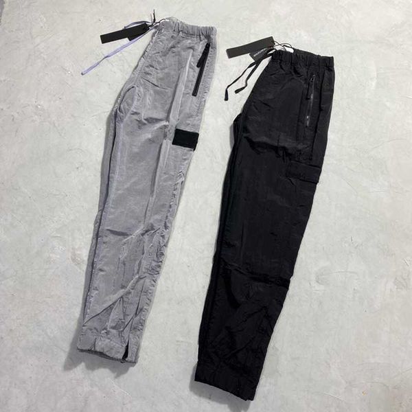 

designers pants brand stone metal nylon pocket embroidered badge casual trousers thin reflective island pants size m-2xl, Black