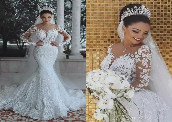 

dubai luxury white crystals mermaid wedding dresses sheer neck long sleeves wedding bridal gowns with detachable overskirts train 6269984