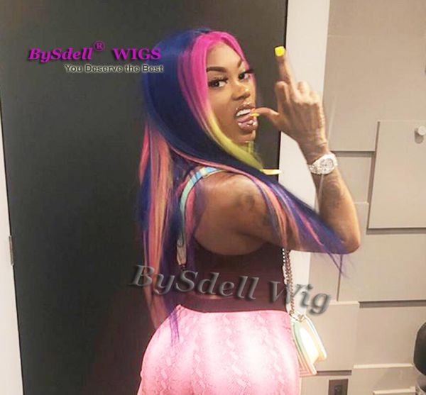 

web celebrity asiandoll blue highlight mint green purple color hairstyle wig synthetic long straight hair lace front wigs2520972, Black