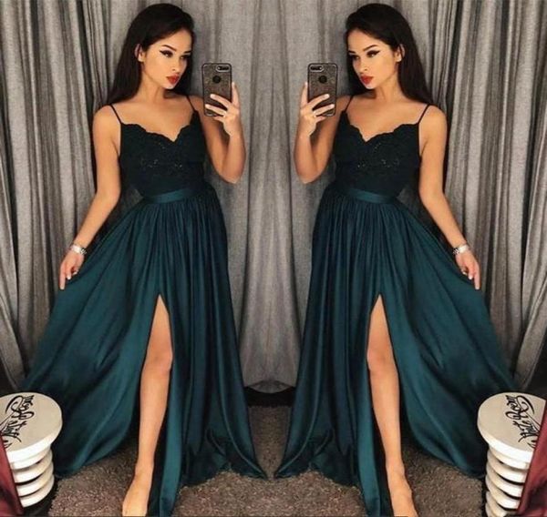 

2019 elegant evening gowns aline blackish green high split cutout side slit lace arabic sweep train formal party prom dr7620592, Black;red