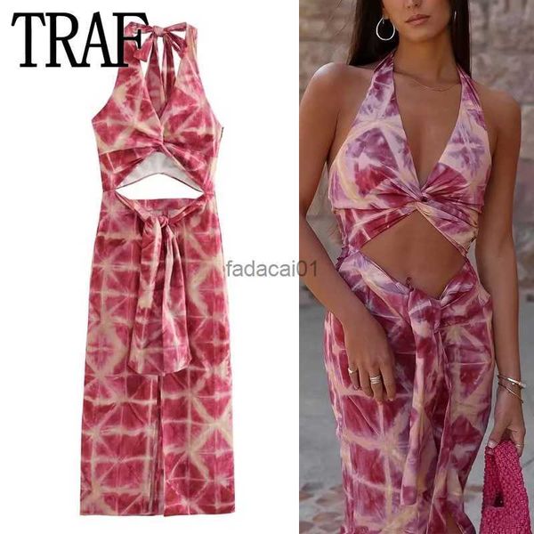 

traf cut out long dress women print halter backless dress woman off shoulder party dresses for women 2023 summer evening dresses l230621, Black;gray