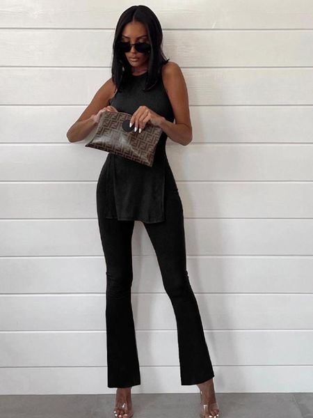 

pants sampic 2022 summer transparent women two piece o neck slit tank and flared trousers sets fashion solid casual sports outfits, White