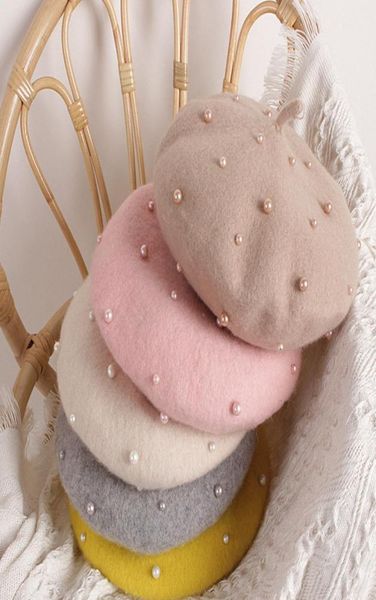 

girls wool beret children beaded painter hat autumn winter girls princess accessories fashion kids wool beanie a43737171717, Yellow