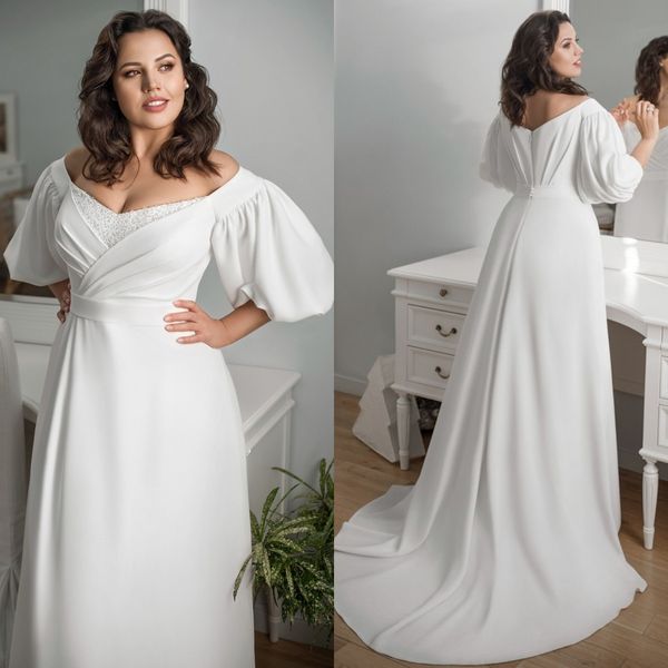 

plus size elegant wedding dresses long lantern sleeves jersey bride dress vestidos de novia bridal gowns sweep train, White