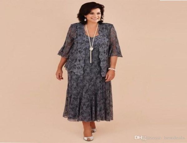 

plus size gray lace tea length mother of the bride dresses with jacket wedding party mother039s dress formal vestido de renda6524811, Black;red