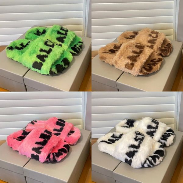 

designer womens wool fluffy slides slippers luxury paris home fur fluffy furry warm letters sandals lady winter thick sole thermal open toed, Black