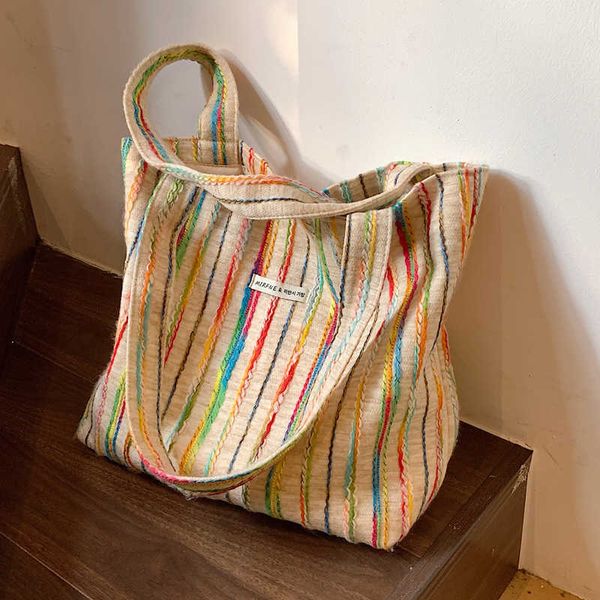 

small french canvas stripe women's bag new fashion commuter handheld shopping bag versatile simple bucket bag
