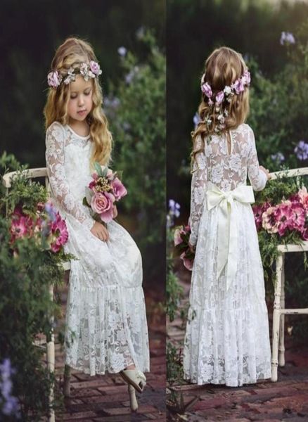 

long sleeve boho flower girls dresses for wedding floor length lace little kids first communion dress vintage girls039 pa7078682, White;blue