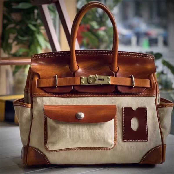 

luxury birkin bags handmade italian cowhide patchwork canvas real leather bag