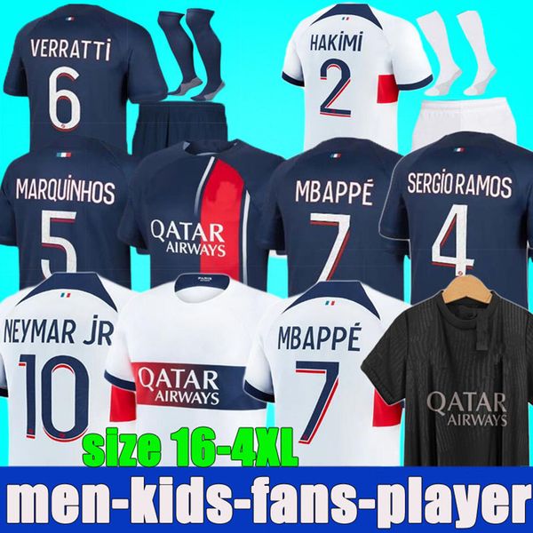 

23 24 mbappe hakimi soccer jerseys kids kit home away psgs 2023 2024 maillot de foot marquinhos verratti football shirt sergio ramos hommes, Black;yellow