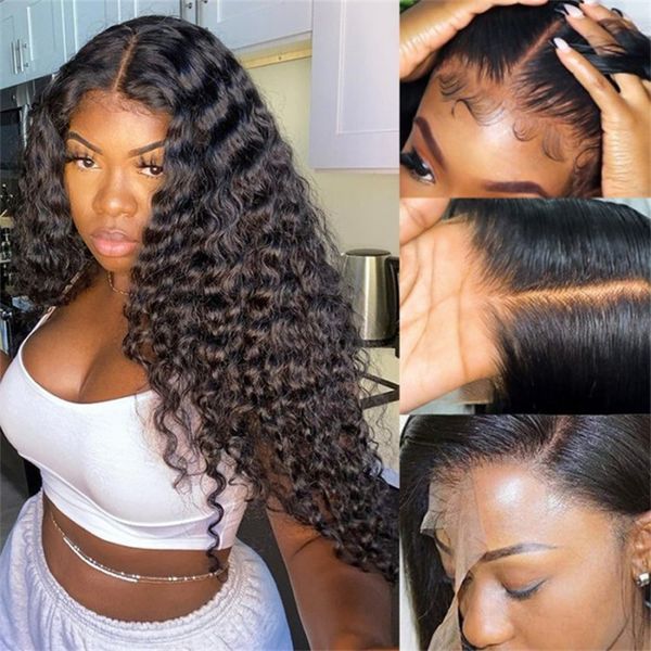 

26 inch deep wave hd transparent lace frontal wigs for women human hair 13x4 deep wave lace front wig 180 density lace, Black;brown