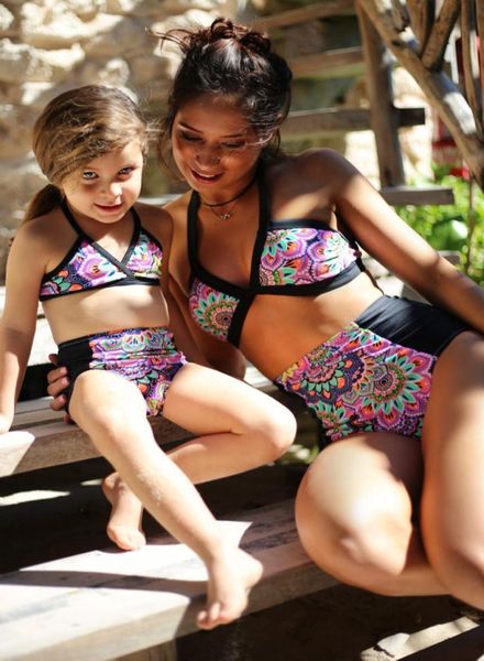 

fashion family kid girl women printed swimwear bikini set two pieces parentchild swimsuit separates set high waist swimwear bathi1898010, Blue