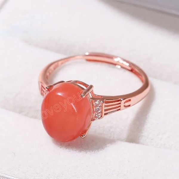 

natural china red agate inlaid oval shape rose gold plated ring women fashion energy adjustable finger ring, Silver