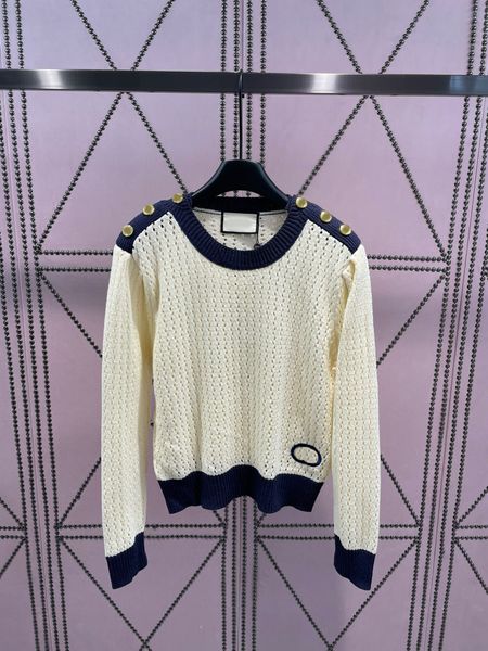 

2023 runway hollow out knitting ladies sweaters fashion short sleeve casual o-neck women button pullover jumper, White;black
