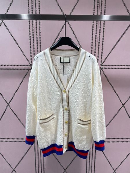 

fashion 2023 designer women's v-neck gold stripe knitted casual sweater button long sleeve ladies sweater cardigan, White;black