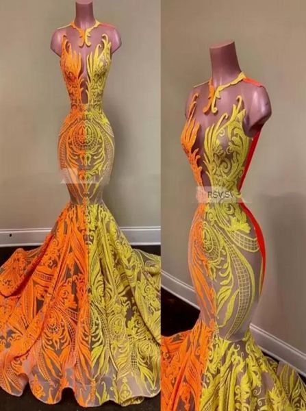 

long elegant prom dresses sheer oneck orange and yellow sequin african women black girls mermaid evening party gowns bc130156029465