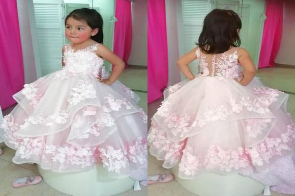 

cute pink flower girl dresses for wedding lace 3d floral appliqued little girls pageant dress tiered skirts vestidos de desfile de1909915, White;blue