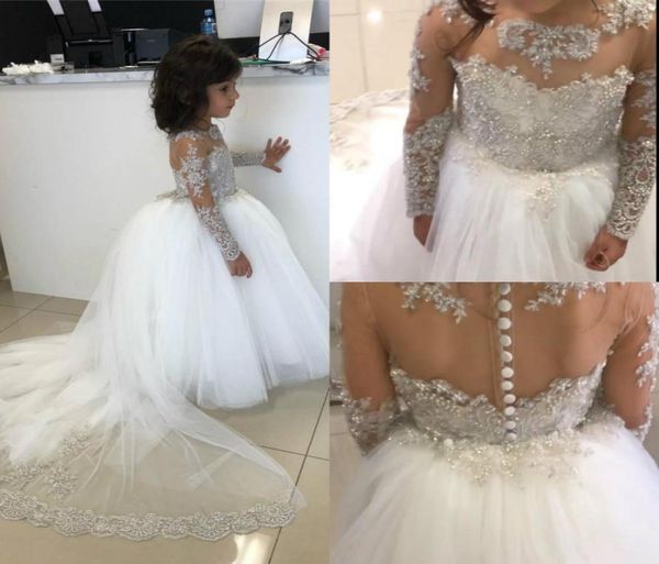 

2020 cute ballroom girl pageant dresses jewel neck appliqued beaded long sleeves flower girl gowns ruffle sweep train birthday gow6829353, White;blue