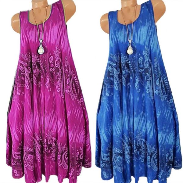 

basic casual dresses s women summer floral print round neck sleeveless loose pleated plus tank dress 230701, Black;gray