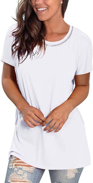 

womens short sleeve t shirt crewneck hollow out tee casual tunic loose tee top, White