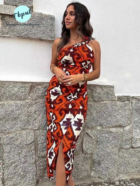 

women vintage printed slim midi dress one shoulder sleeveless high waist split dresses summer fashion high street vestidos l230621, Black;gray