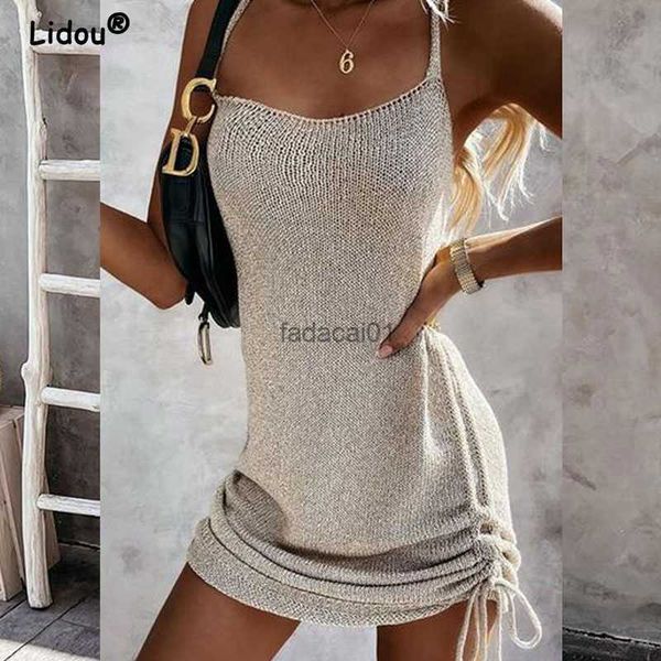 

sleeveless sling mini short dress casual fashion backless drawstring low collar solid spring summer 2022 new women dresses l230621, Black;gray