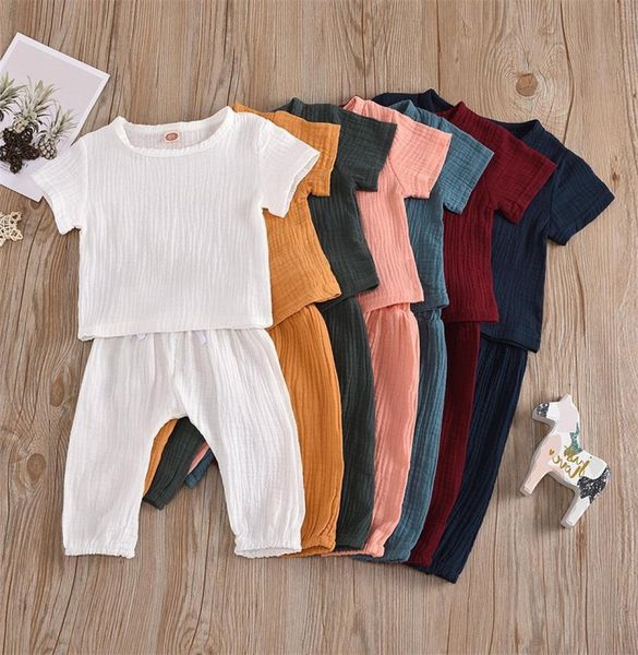 

new baby kids boys suits organic linen cotton short sleeve tees with straps pants 2pieces summer children clothing sets outfits 678016274, White
