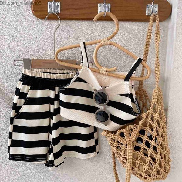

clothing sets clothing sets 2023 summer clothes for girls striped suspenders vest tees and shorts two piece set korean style casual sports s, White