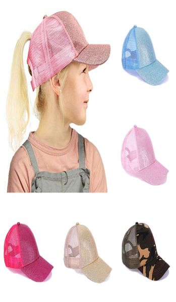 

kids ponytail baseball cap glitter ponytail messy buns mesh breathable trucker pony caps children sun hat outdoor hha14212420164, Yellow