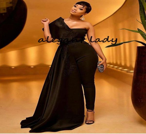 

plus size black prom dresses women jumpsuits 2019 one shoulder satin lace appliqued evening gowns with wrap7485451, Black;red