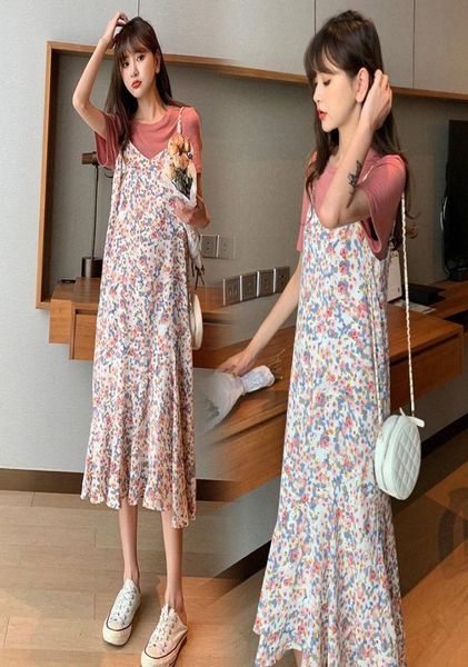 

2301 maternity dress summer chiffon twopiece floral dress short sleeve loose stylish for pregnant women mom znvi6913558, White