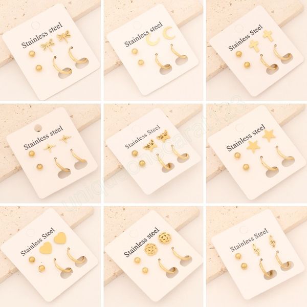

3 pairs golden color dragonfly butterfly stainless steel stud earrings for women girls delicate cross metal geometric earrings, Golden;silver