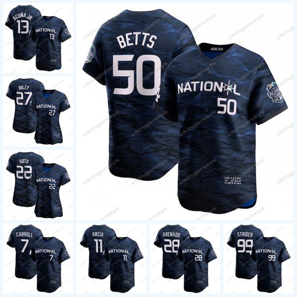 

2023 all-star game national jersey 13 ronald acuna jr. 50 mookie betts 27 austin riley 22 juan soto 1 ozzie albies 28 nolan arenado 7 corbin, Blue;black