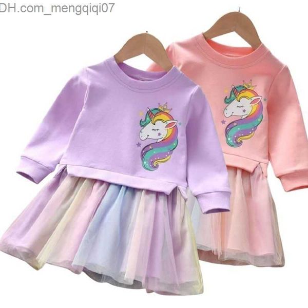 

girl's dresses girl's dresses girl clothing autumn cartoon unicorn printed long-sleeved shirt stitching rainbow mesh princess dres, Red;yellow