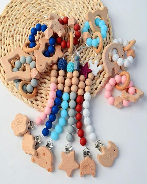 

newborn baby pacifier clip wooden teether silicone beads bracelet 2pcsset toddler infant animal dinosaur star flower elephant nip6225202