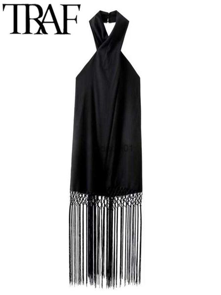 

traf women black halter dress 2023 summer backless sleeveless crochet patchwork tassels hem female midi dresses y2k new l230621, Black;gray