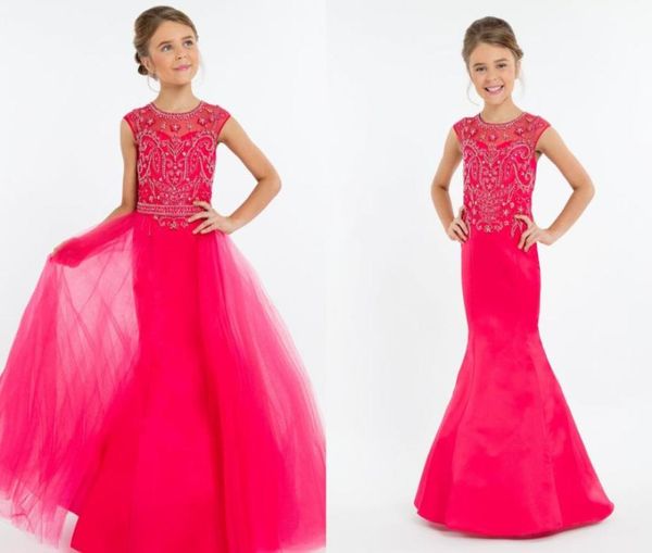 

pink detachable train girls pageant dresses 2022 long mermaid hollow back rhinestones beaded sequins tulle long kids formal1475344, White;red