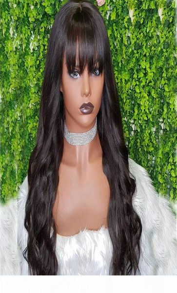 

natural black wavy human hair 13x6 lace front wigs with bangs 180density 360 lace frontal virgin human hair wigs fringe wig full l1026714