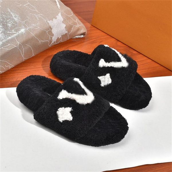

2023 winter slippers indoor designer women's winter plush slippers indor shoes thermal fur slide wild heringbone size 35-40 zh78, Black