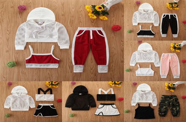 

kids designer clothes girls outdoor sport outfits children mesh hooded estpants 3pcsset summer sportswear baby clothing set9786753, White