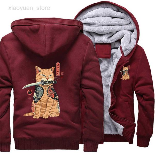 

men's hoodies japanese style cat anime samurai sword loose hoodies winter warm street jackets coat men thick hoodie printed fitted swea, Black