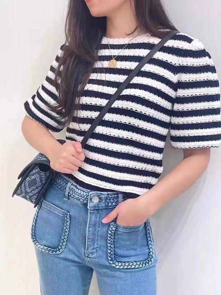 

new -aje horizontal stripe hollow bubble sleeve round neck knit, White