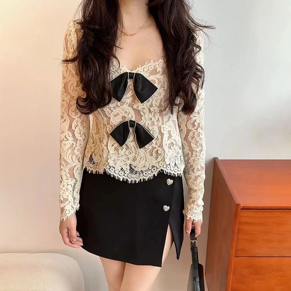 

women square necked cord lace with bows blouse self-portrait new, White