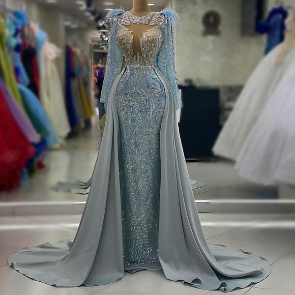 

2023 Aso Ebi Mermaid Sky Blue Prom Dress Crystals Beaded Evening Formal Party Second Reception Birthday Bridesmaid Engagement Gowns Dresses Robe De Soiree ZJ691, Multi