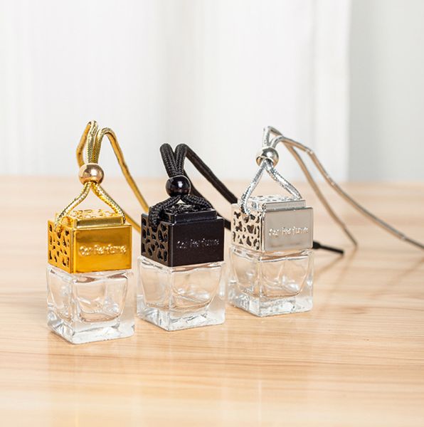 

8ml square transparent water cube gold, silver and black car perfume bottle pendant with many styles supporting customized logo