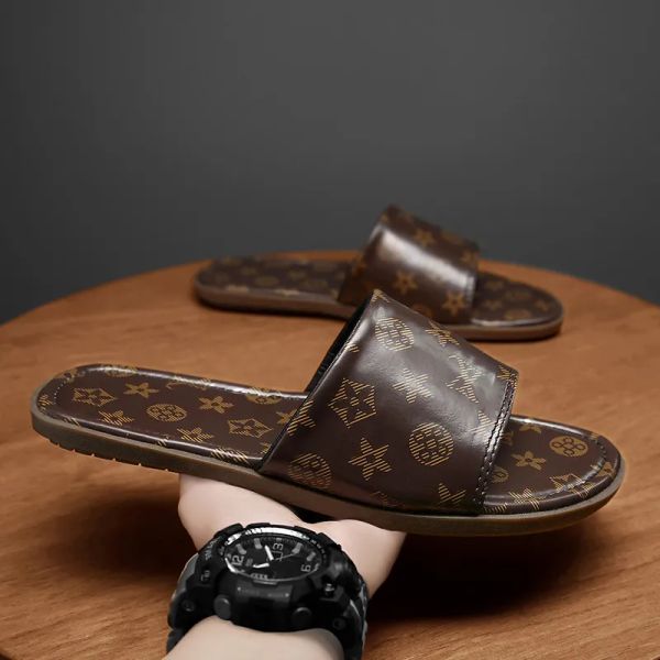 

with box classics slippers mens shoes novelty print scuffs sandals slides beach indoor wide flat flip flops men sandal slipp hs, Black