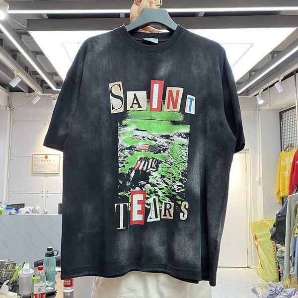 

street fashion saint michael landscape printing washed old short sleeve t-shirt couple loose half, White;black